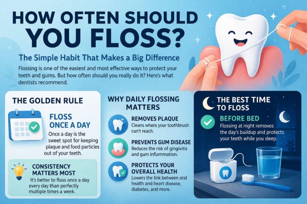The Smile Shapers guide on how often to floss, recommending once daily, benefits of consistency, and best time to floss before bed