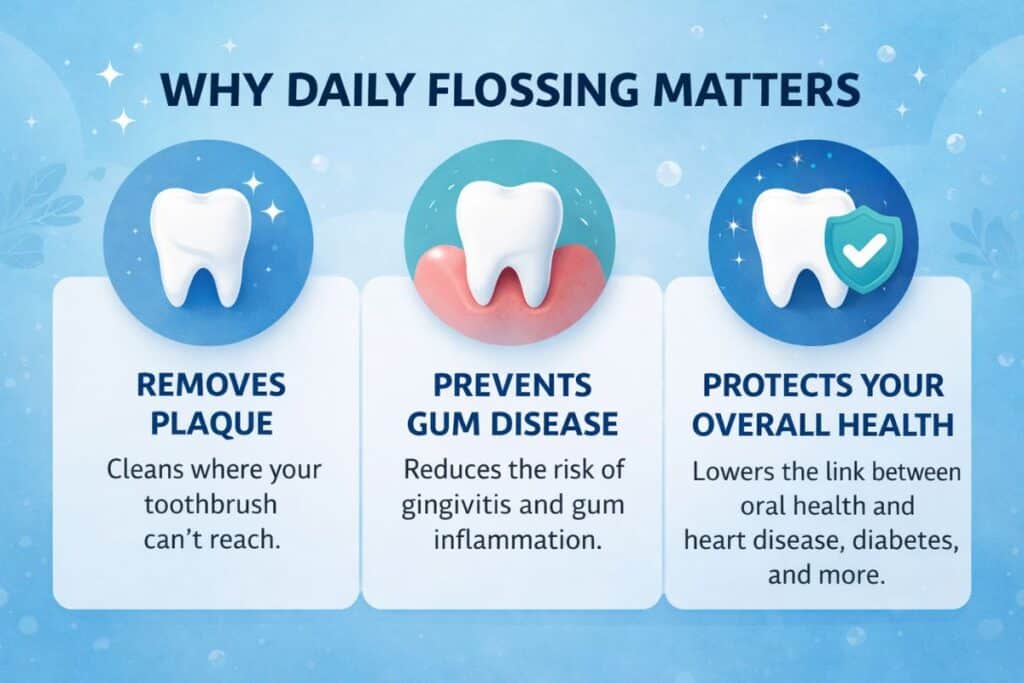 Infographic by The Smile Shapers explaining why daily flossing matters, including removing plaque, preventing gum disease, and supporting overall health